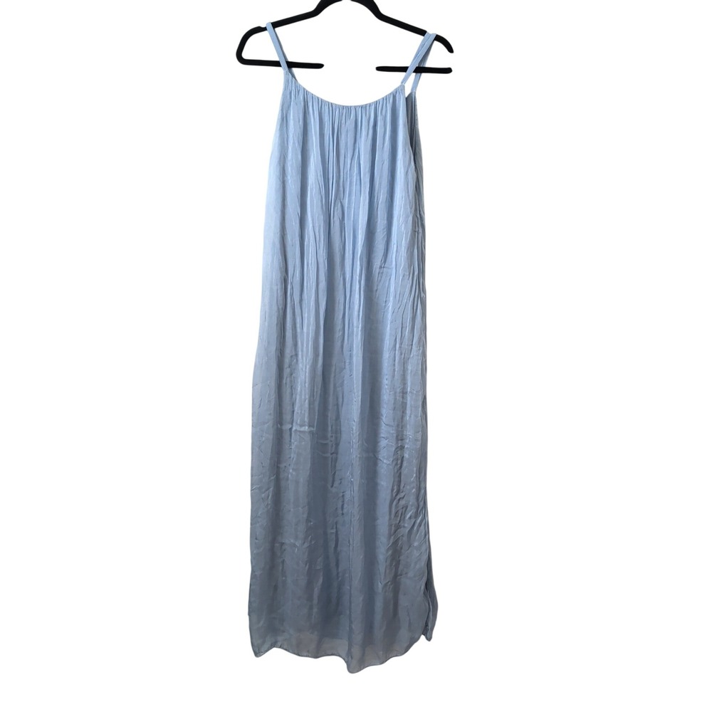 Meo Meli Made in Italy Blue Silk Blend Crinkle Maxi Dress Sleeveless Slit OS